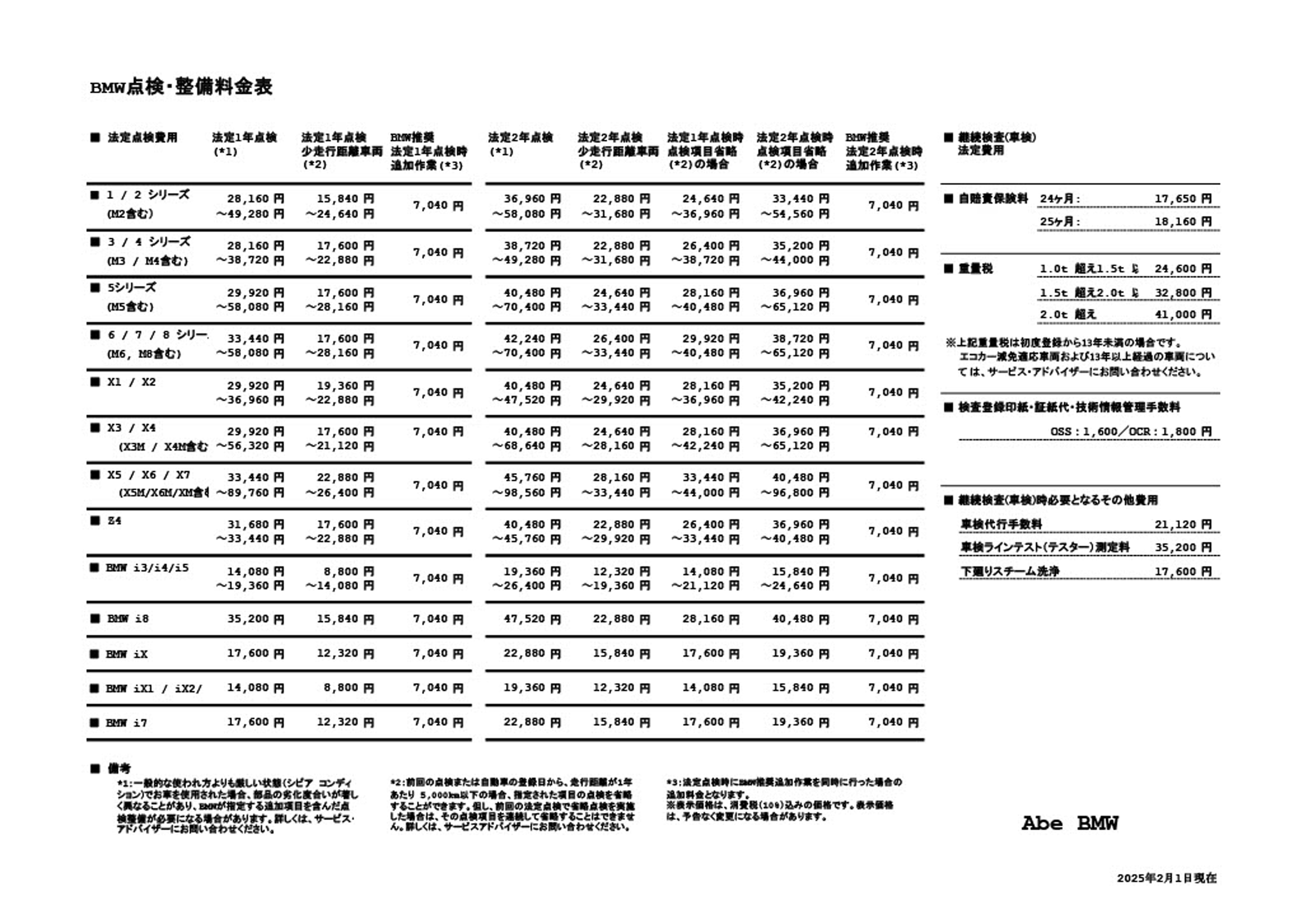 点検整備料金表